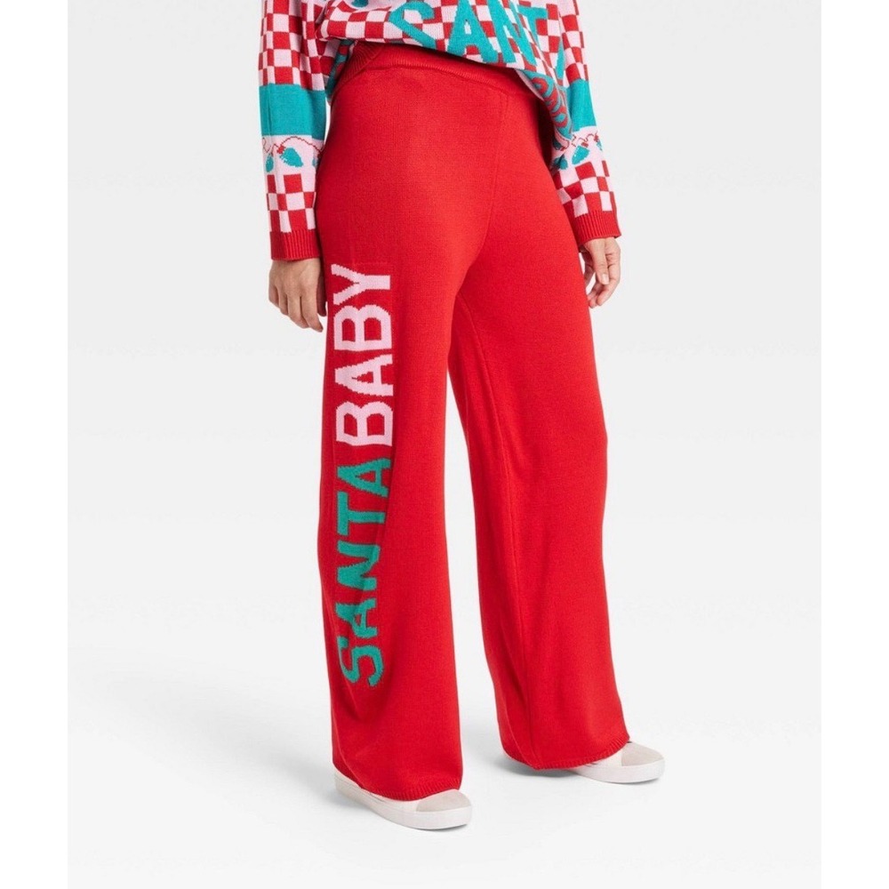 Grayson/Threads Womens Red Santa Baby Wide Leg Sweater Pants, Large